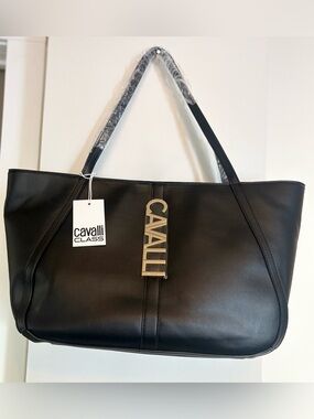NWT Cavalli Class Black Leather Tote with Gold Logo Charm